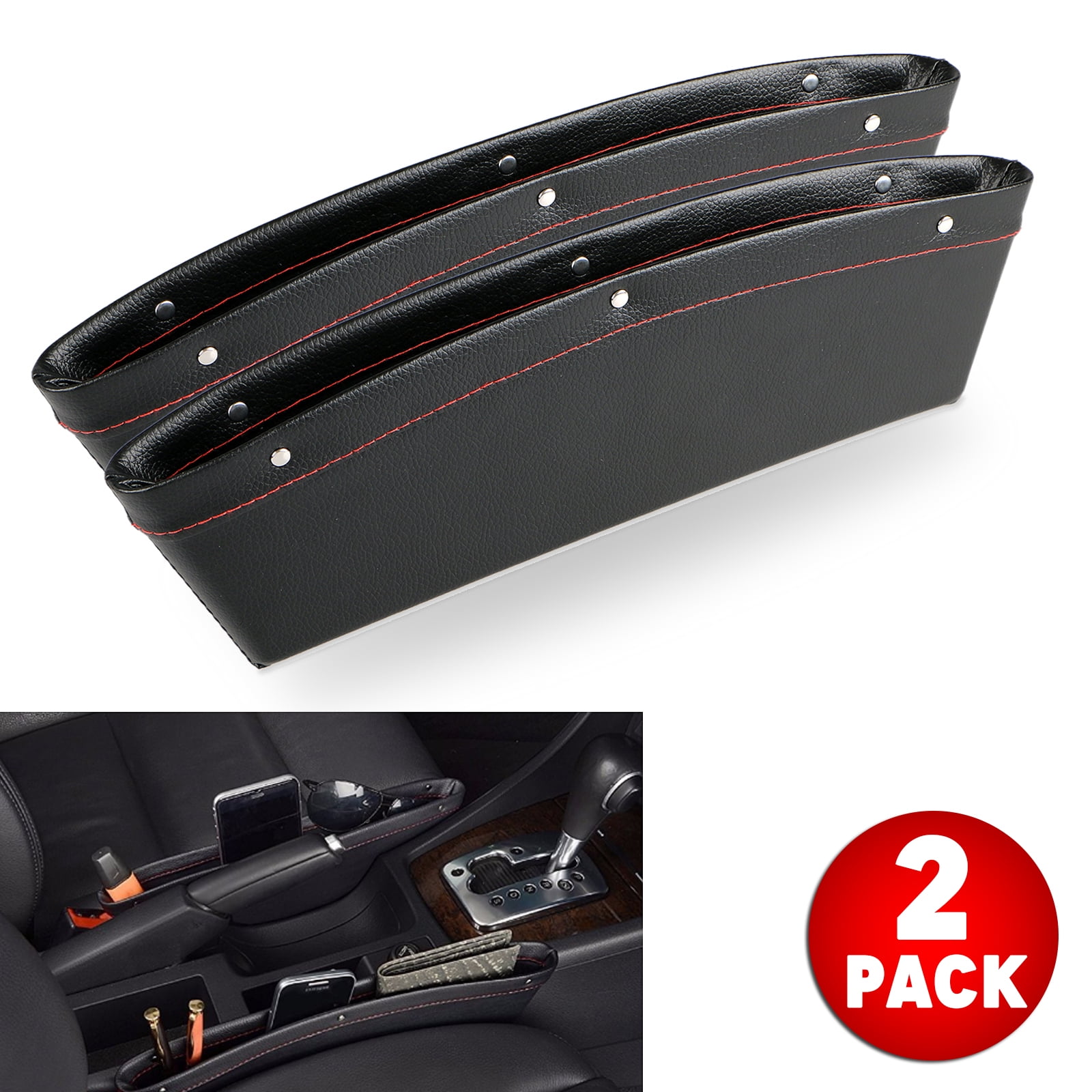 NovelBee 2 Pack of PU Leather Car Seat Gap Filler,Console Organizer,Pocket,Seat Catcher,Seat Crevice Storage Box 