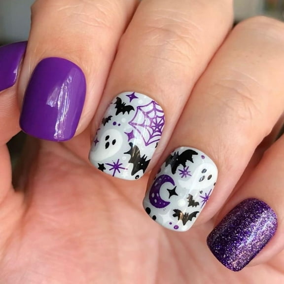 Yoyauz 24PCS French Square Pressed Nails, Fake Nails, Needle Pressed Nails With Halloween Elements, Purple Spider Design, Charming Acrylic Nails, Suitable For Girls And Ladies For Halloween