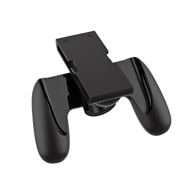 v7r dobe tns-3177b for nintendo switch 2 joy-con controller grip s2t handle ergonomic gamepad (no ch agarre ergonómico negro en ABS para Nintendo Switch 2, vista 3/4 frontal con dos mangos curvos y placa central con ranura de conexión; indicado para mejor control en sesiones largas y fácil instalación.