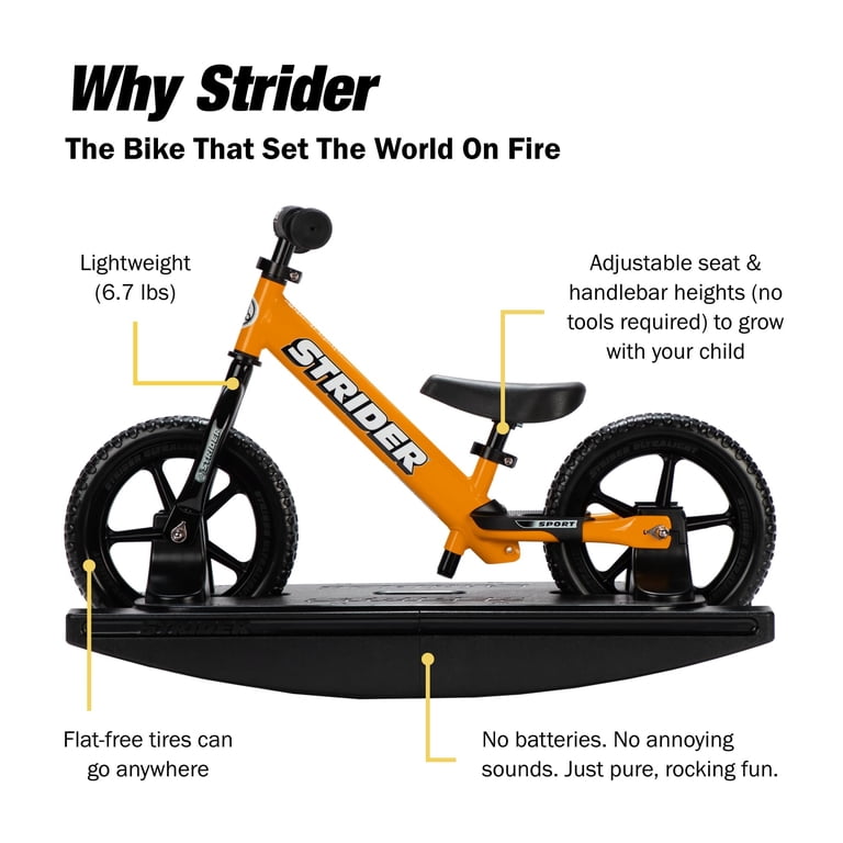 Strider 12” Sport Bike (Orange) + Rocking Base - Helps Teach Baby