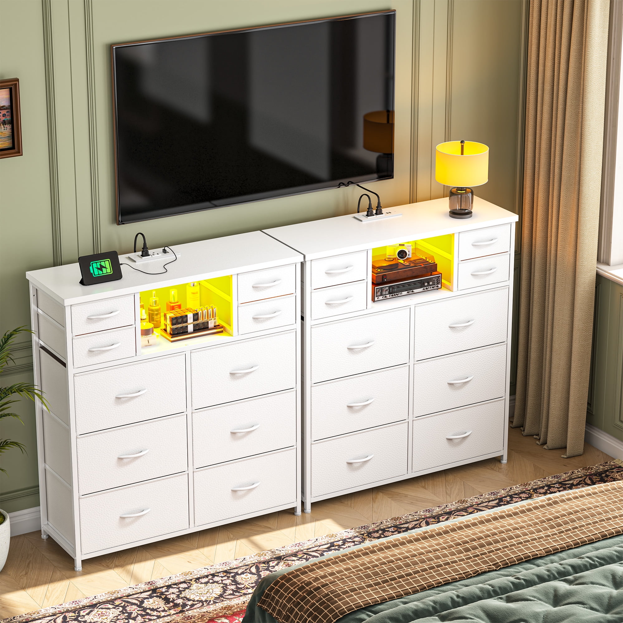 Romorgniz Tall Dresser for Bedroom with 10 Drawers Featuring LED Lights & Power Outlet Fabric Dressers & Chest of Drawers with Open Shelves, White