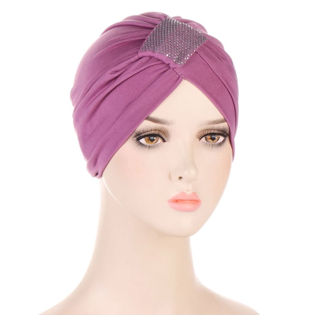 Teissuly Beanies Hats Women Solid Rhinestone India Muslim Ruffle Chemo Hat Wraps Turbans Beanie Cap Headwraps