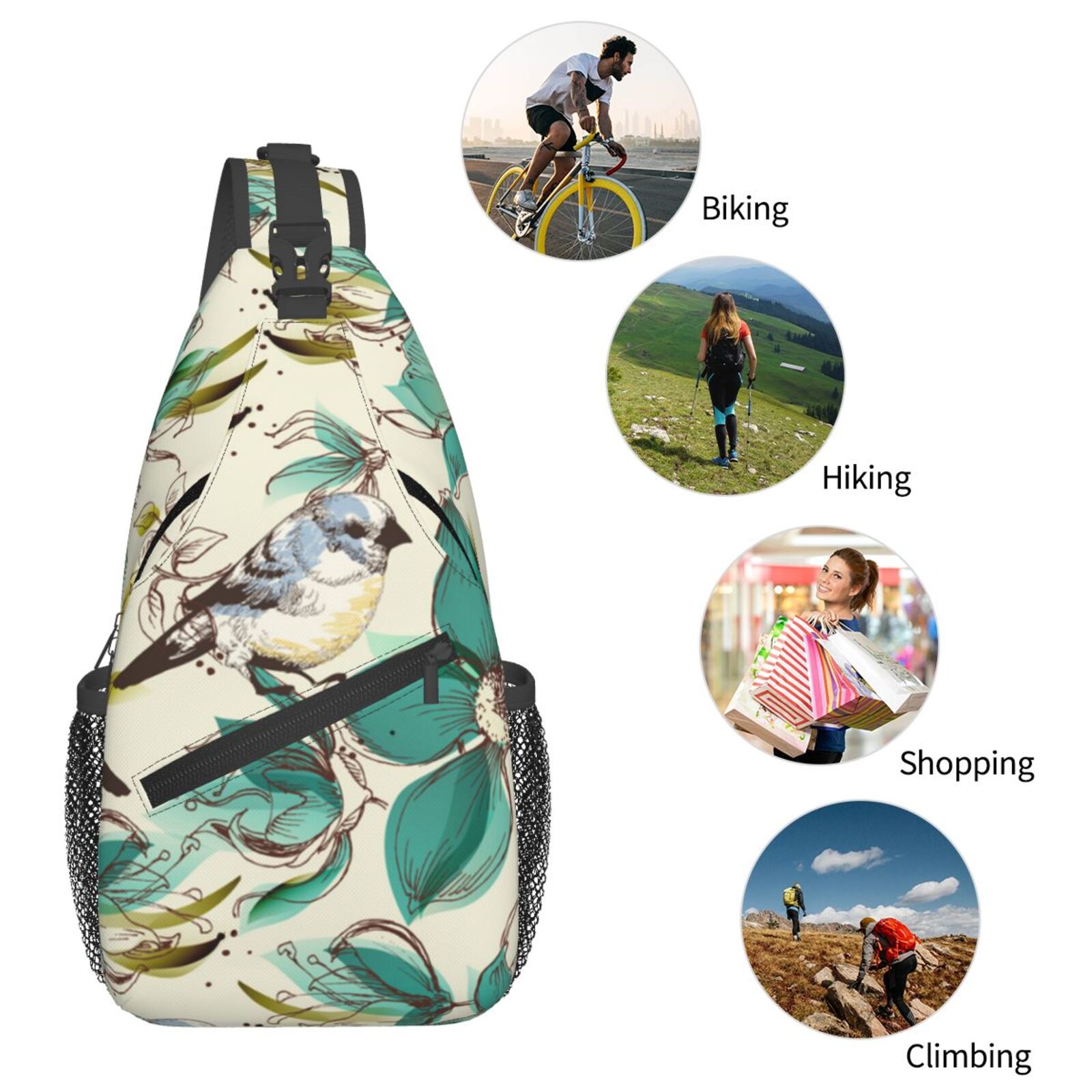 Retro Flowers Birds Watercolor Sling Backpack Shoulder Chest Crossbody Bag Causal Travel Hiking Daypack