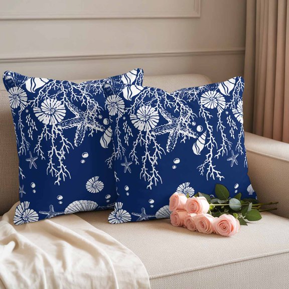 Outdoor Pillow Cover 18x18inch Set of 2, Summer Sea Starfish Coral Shell Waterproof Decorative Throw Pillow Cover for Couch Sofa, Marine Life on Blue Pillowcase Cushion Cases for Patio Garden Bed Car
