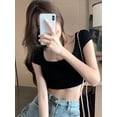 thumbnail image 5 of Amazingfashion Womens Cropped T-shirts, Casual U Neck Short Sleeve T-shirt Slim Fit Solid Color Short Tops, 5 of 5