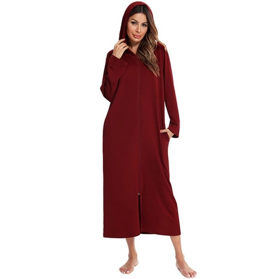 Women Zipper Robe Long Sleeves Hooded Loungewear Full Length Sleepwear Pockets Housecoat Long Soft Bathrobe