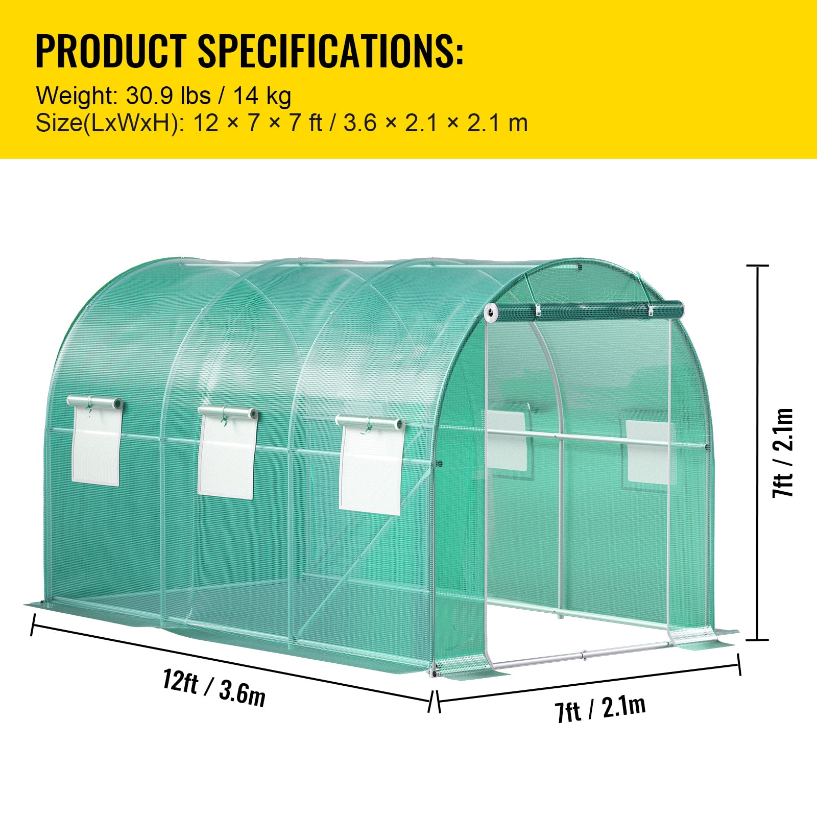 KFFKFF 12 x 7 x 7 ft Walk-in Tunnel Greenhouse, Portable Plant Shelter with Galvanized Steel Hoops, Top Beam, Diagonal Poles, Zippered Door & Roll-up Windows, Green