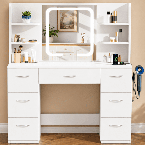 LIVELYGLOW Vanity Desk with Smart LED Lighted Mirror, Built-in Power Outlet, Large Storage Drawer, Modern Minimalist Makeup Dressing Table for Bedroom,White