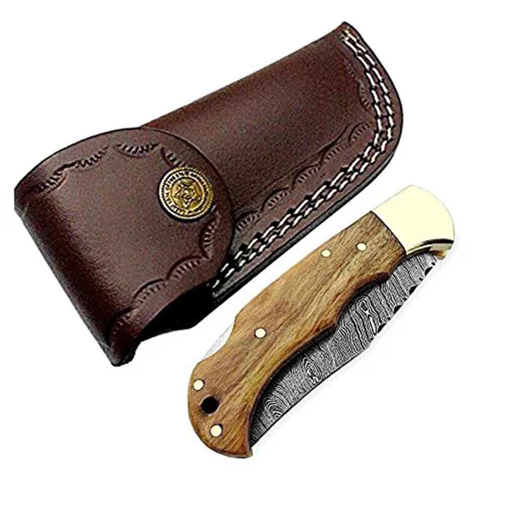Best.Buy.Damascus1 Pocket Knife Set, Olive Wood Damascus Steel Hunting Knives, 3 in Blade Length
