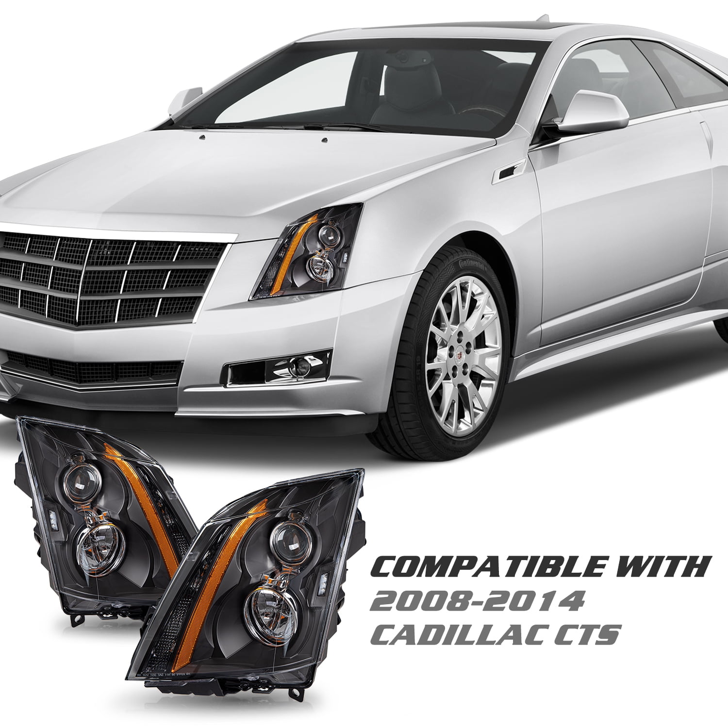 For 2008-2014 Cadillac CTS CT-S Black Halogen Headlights Lamps LH+RH w/BULBS