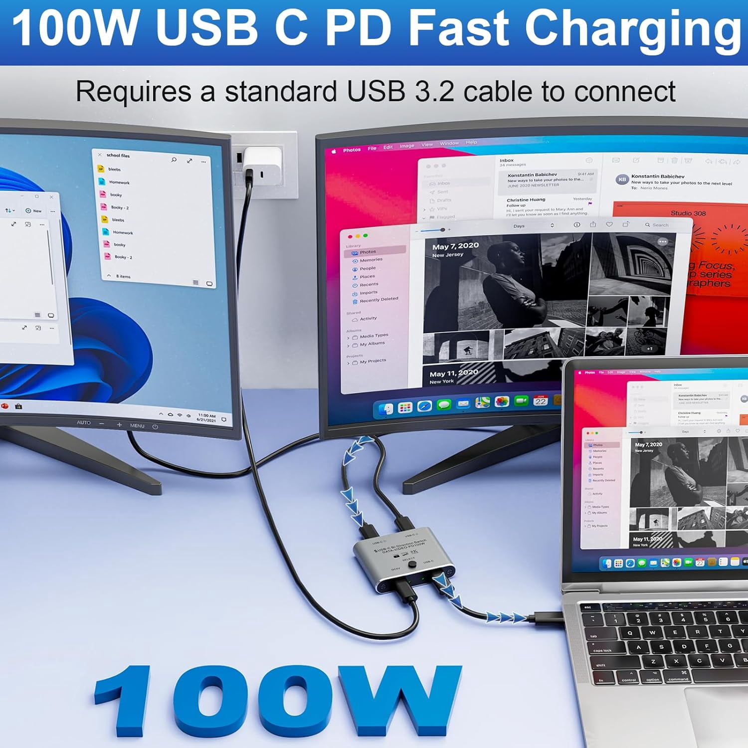 8K USB C Switch Bi-Directional, USB C KVM Switcher 8K@60Hz/4K@144Hz Video, 100W Power Delivery, 10Gbps Data Transfer – Includes Power Cable