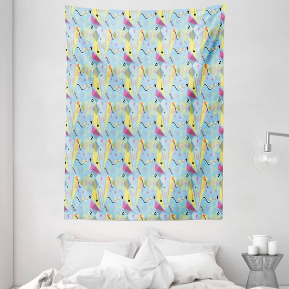 Geometric Tapestry, Memphis Inspired Abstract Retro 80's Doodle Hipster, Wall Hanging for Bedroom Living Room Dorm Decor, 60W X 80L Inches, Sky Blue Pink Pale Yellow and Dark Grey, by Ambesonne