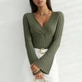 thumbnail image 2 of zaveiop Women's Long Sleeve Bodysuit Tops Wrap V Neck Ribbed Knit Jumpsuit (Army Green, M), 2 of 9