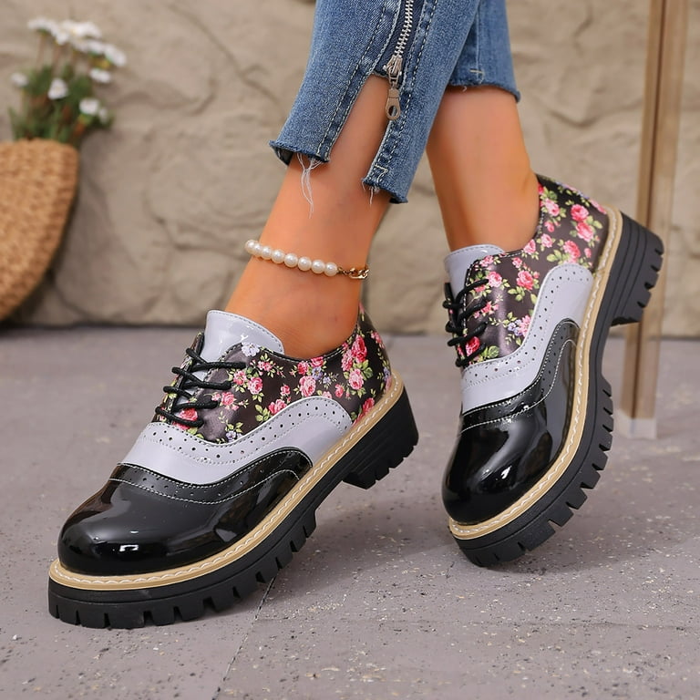 Chenyee Women's Lace Up Loafers Fashion Floral Print Patent Leather Oxford Dress Shoes Wide Toe Box Slip On Ankle Boots Black 9