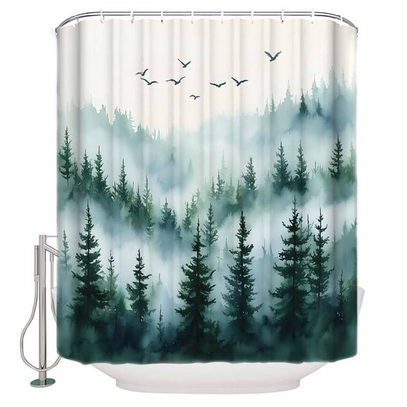 54x78 Inch Shower Curtain Decorative Green White Ombre Tree Bathtub Bath Curtains Fabric Waterproof Bathroom Decor Watercolor Forest Small Stall Shower Curtain Set with 12 Hooks