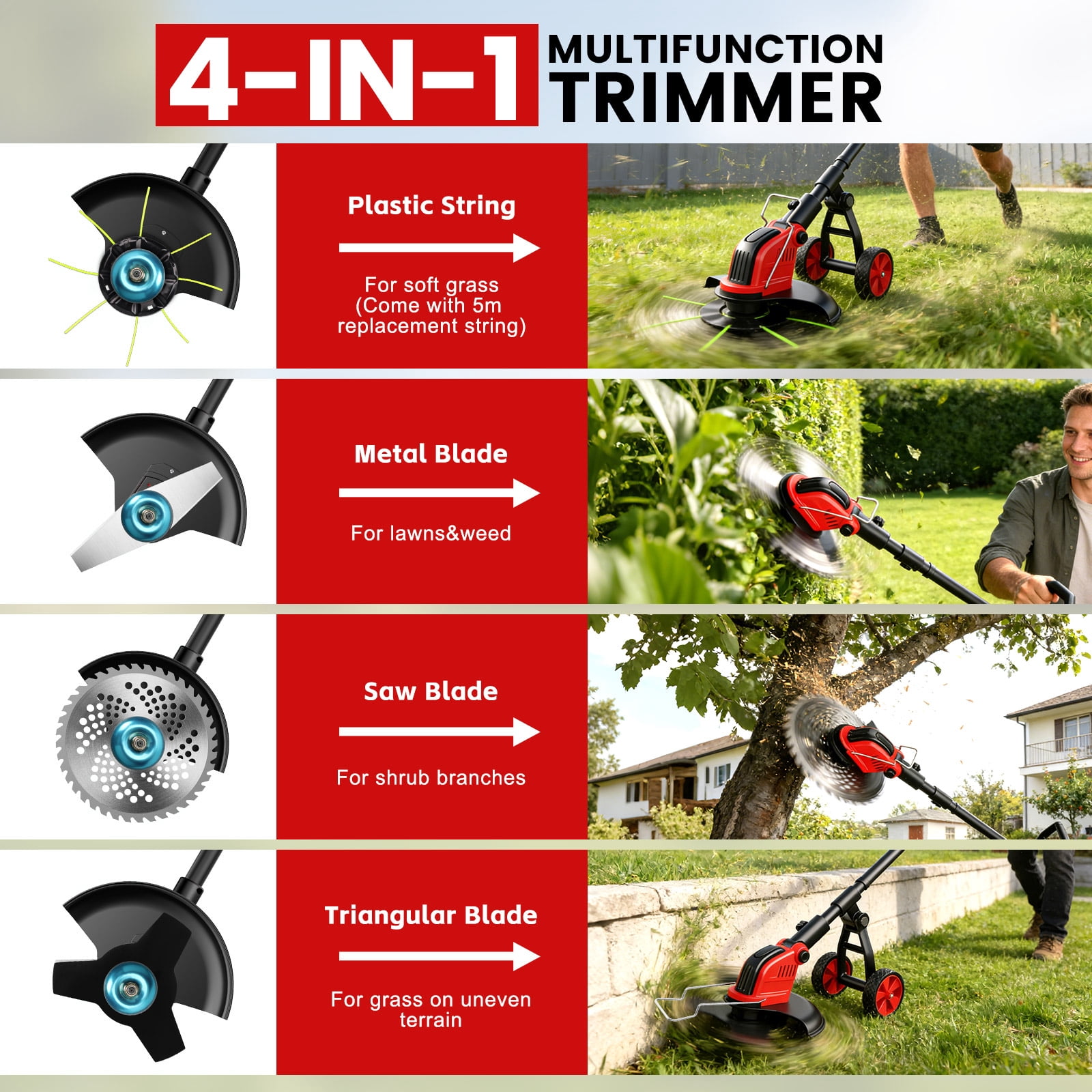 Tanbaby 12-inch Cordless Weed Wacker, Electric Weed eater with Wheels, String Trimmer with two 3.0Ah Batteries & 4 Types Cutting Blades for Lawn Garden Trimming