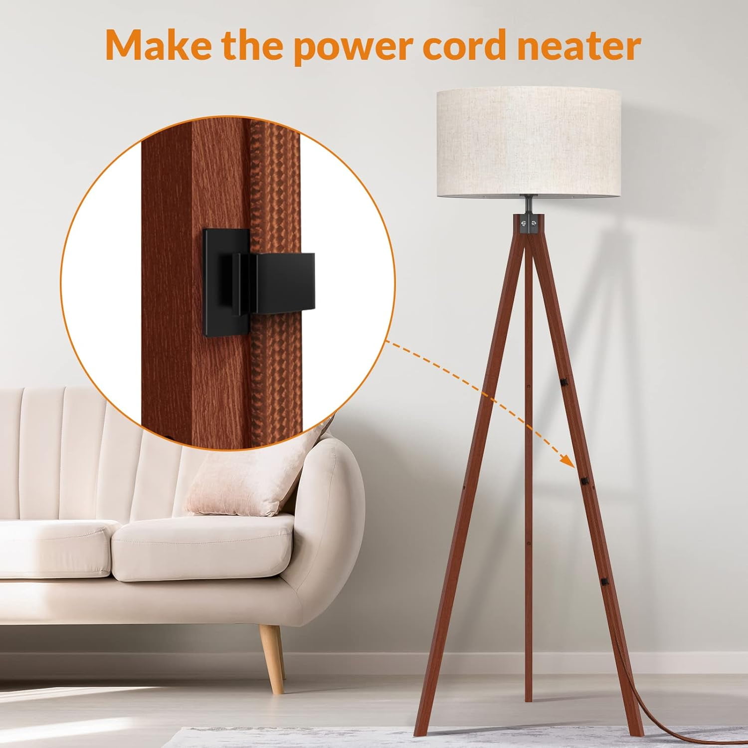 LEPOWER Wood Tripod Floor Lamp, Mid Century Standing Lamp, Modern Design Floor Light for Living Room, Bedroom and Office, Flaxen Lamp Shade with E26 Lamp Base Brown