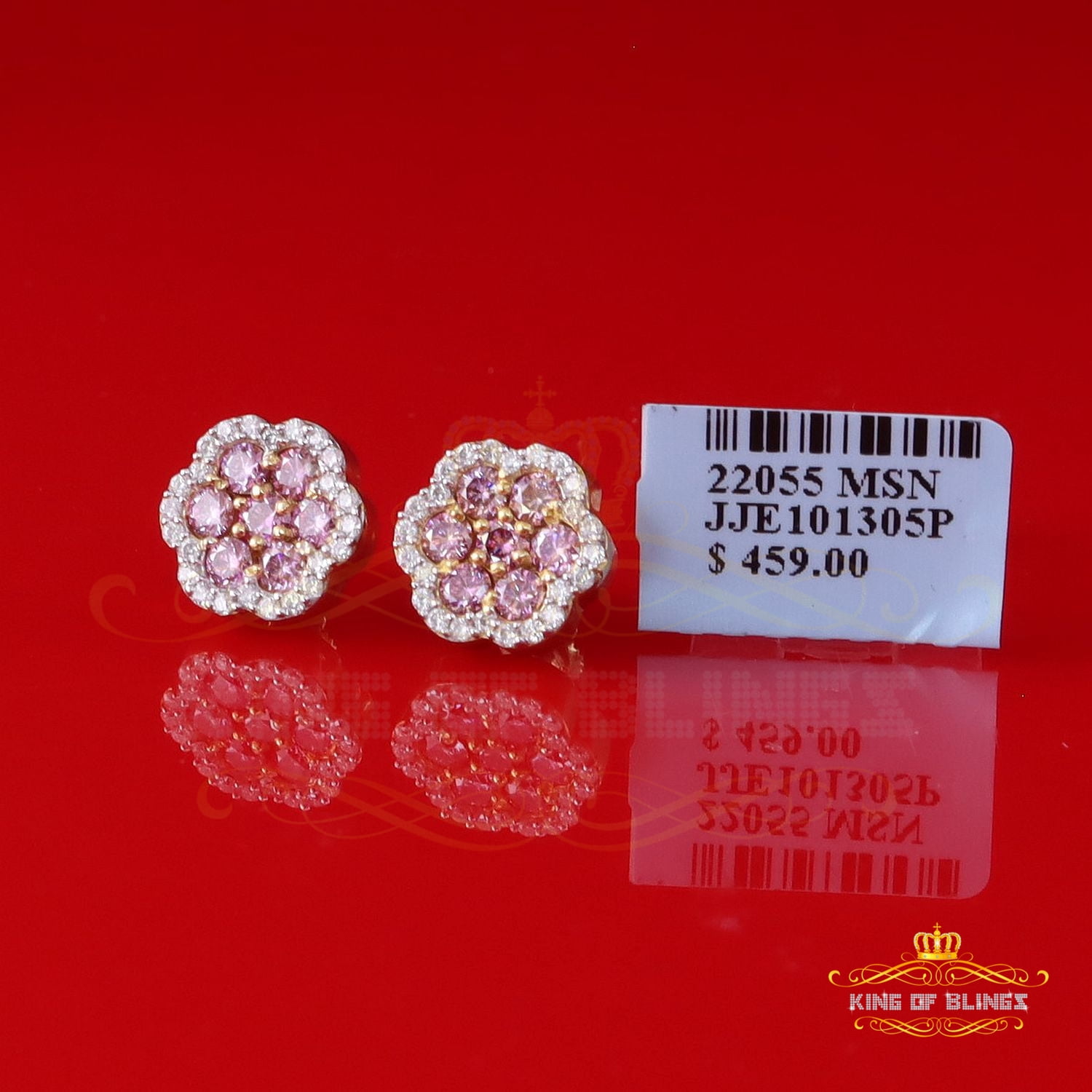 King of Bling's 925 Silver Yellow 1.50ct VVS D Pink Moissanite Floral Mens/Women's Stud Earrings