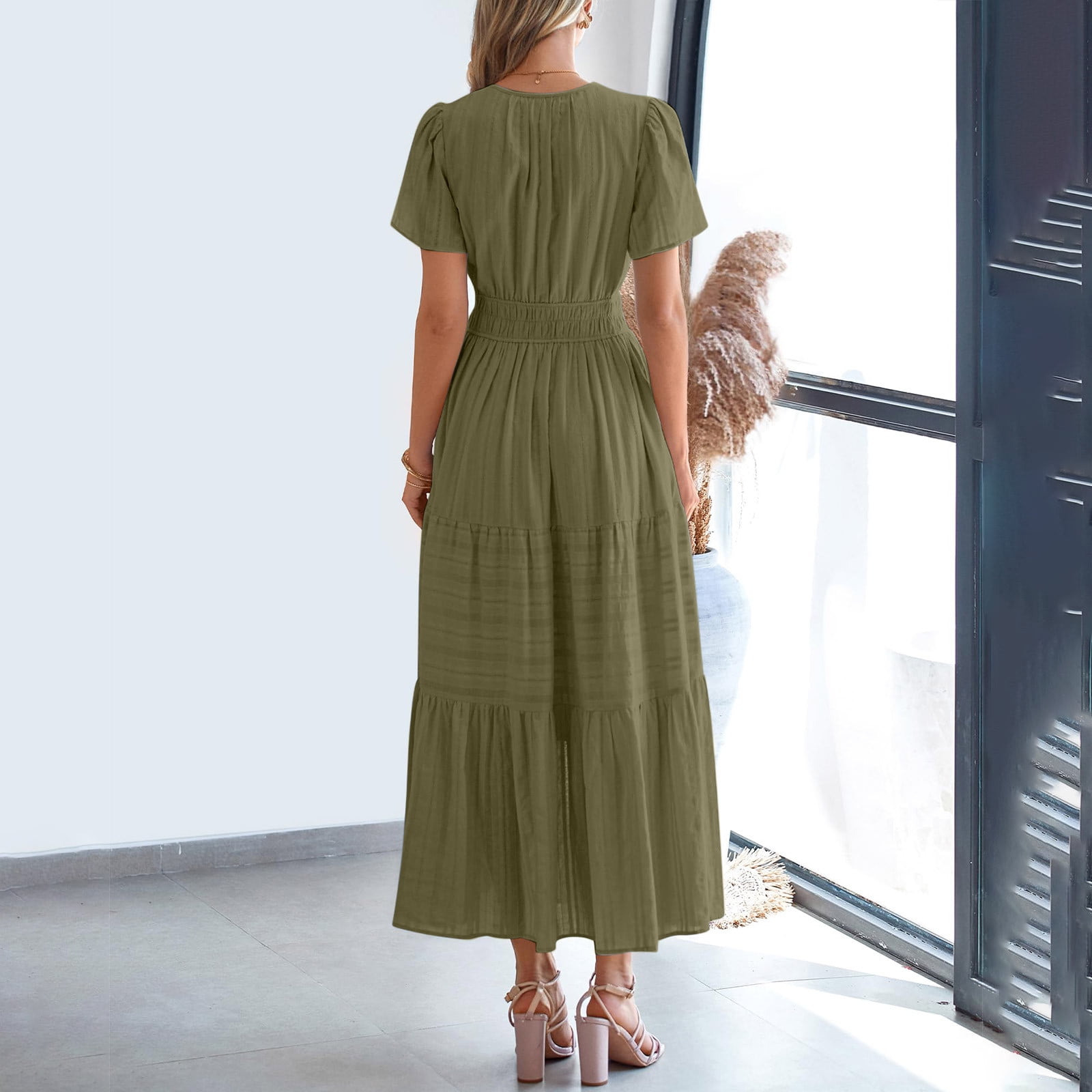 Lorytime Dresses for Women Mid Length Green Summer Short Sleeve Midi Dress Pleated Tiered Hawaiian Flowy Calf Length Dresses Solid V Neck Dress Loose Vacation Trendy Clothes L