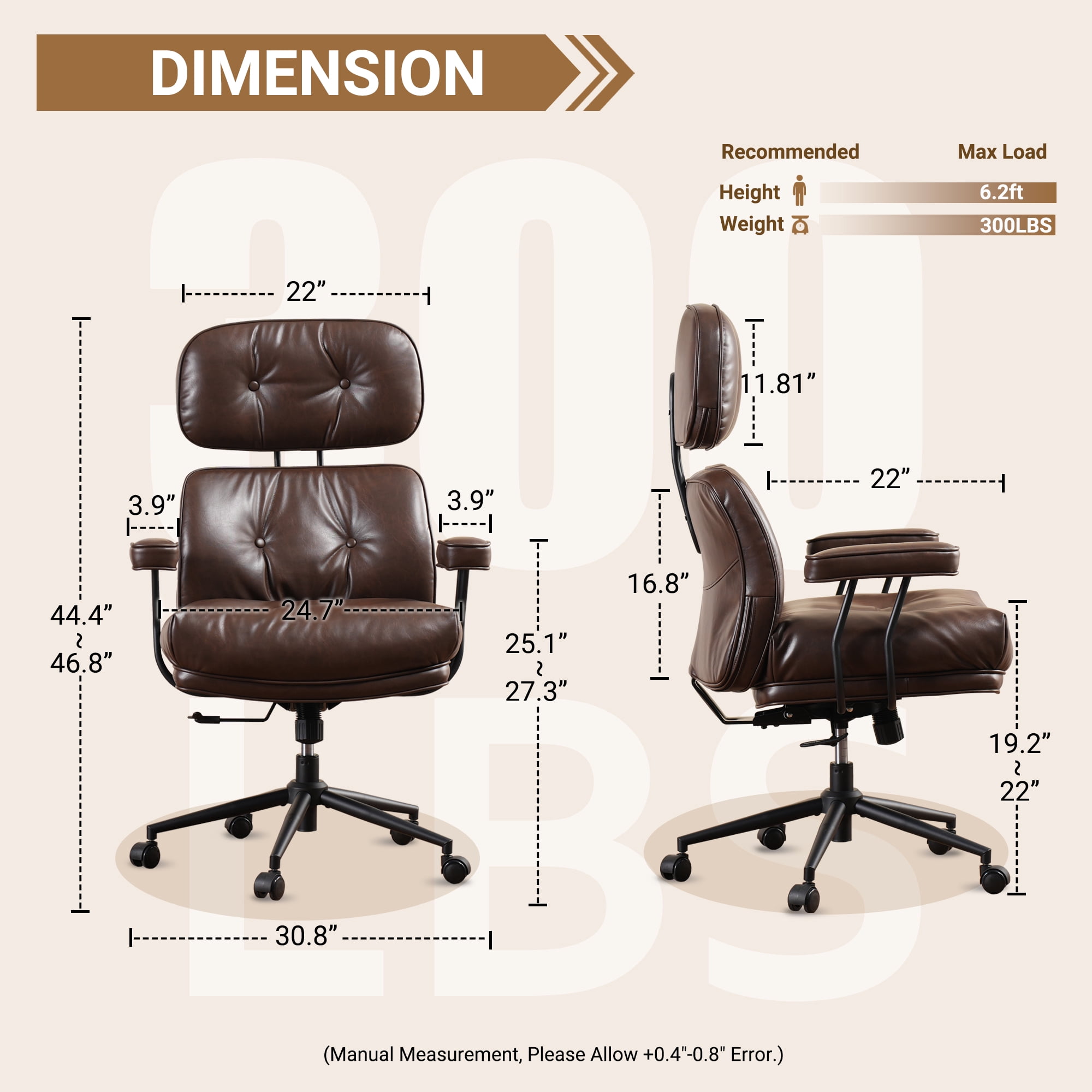 Ovios PU Leather Office Chair High Back Ergonomic Desk Chair with Lumbar Support Mid-Century Executive Computer Chair with Wheels for Home Office, Dark Brown