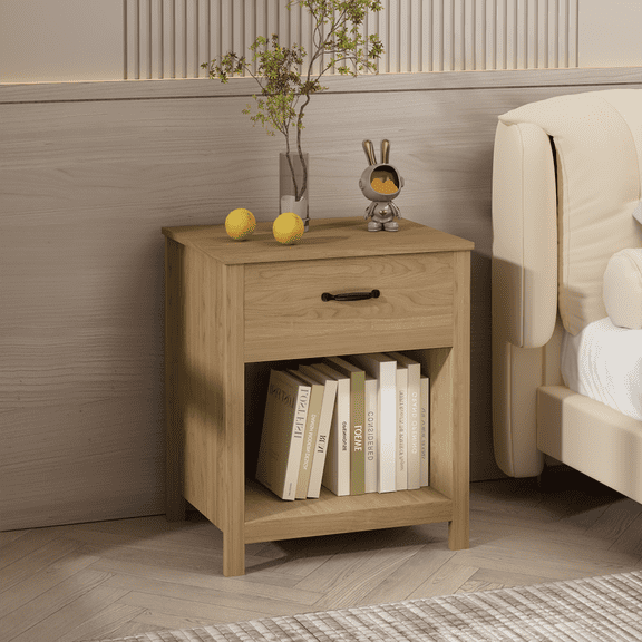 Leumius Wood Nightstand with One Drawer and Open Shelf,Modern Bedside Table with Storage for Bedroom/Living Room/Apartment,Brown