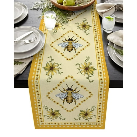 

Table Runner Farmhouse Blossoms Sunflowers and Bee Linen Burlap Tables Runners Dresser Scarves Rural