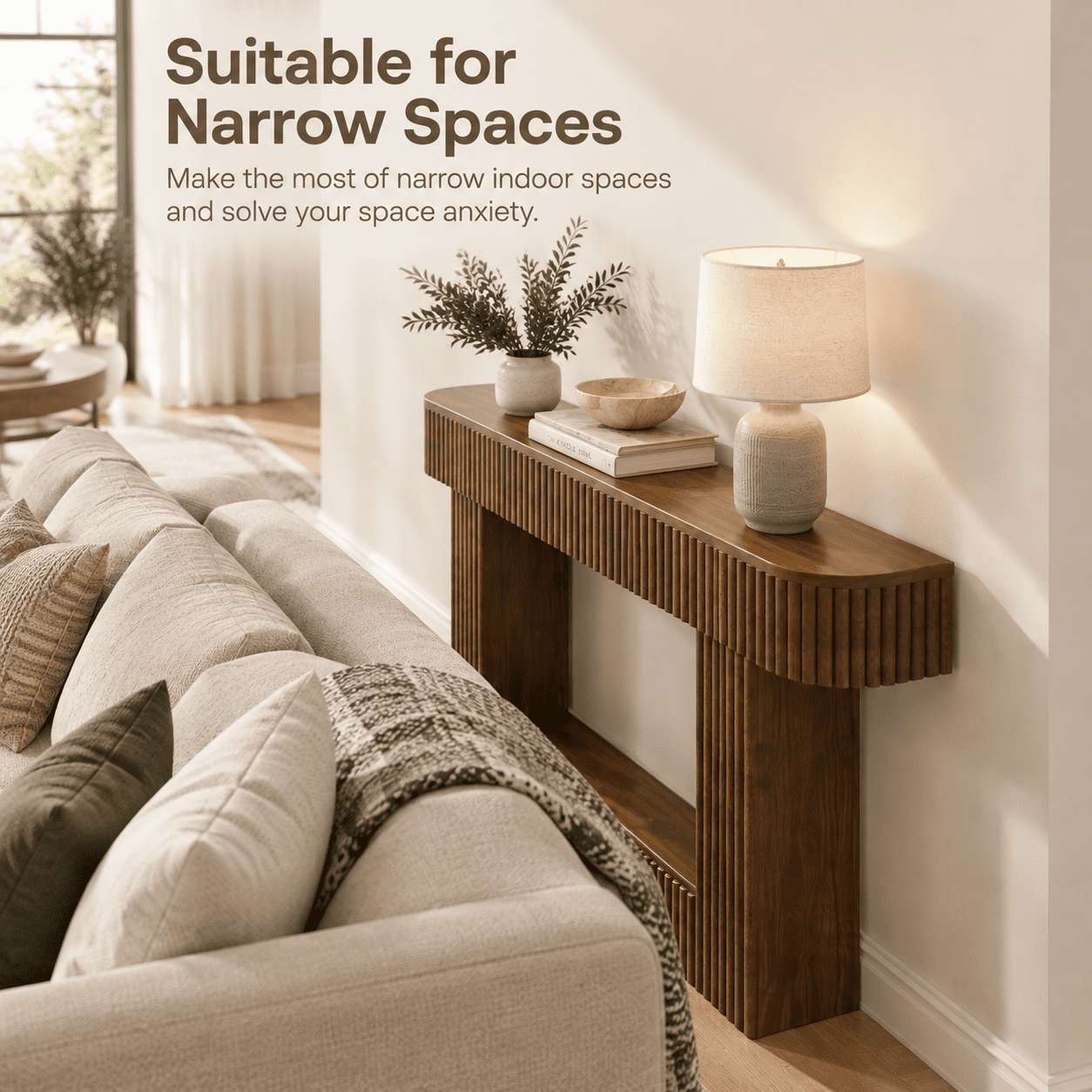 PORKISS 62.9" Console Table with Open Storage, Narrow Long Entryway Table with Rounded Edges, Fluted Sofa Table for Living Room, Hallway, Foyer, Behind Couch, Brown B