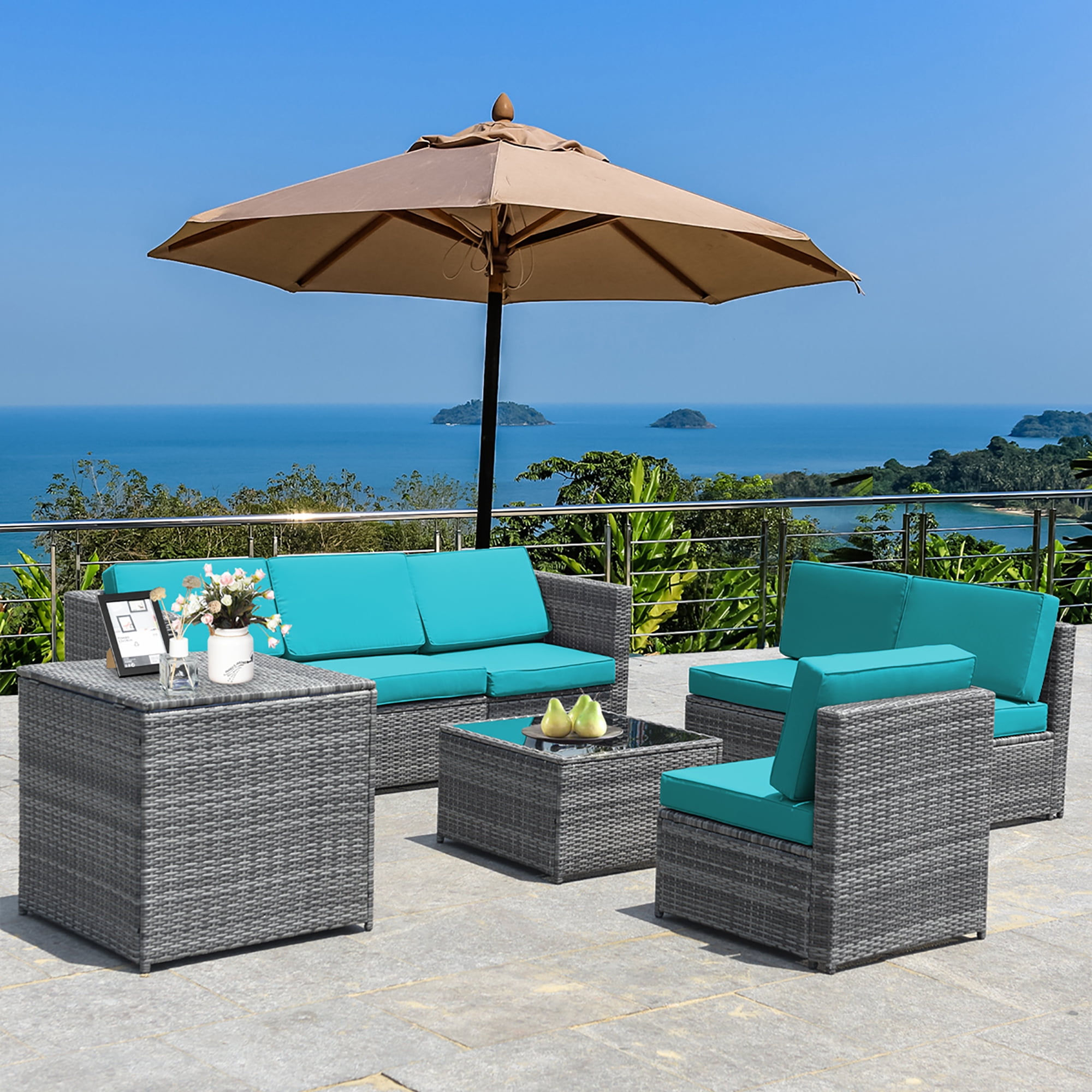 Costway 8 PCS Wicker Sofa Rattan Furniture Set Patio Furniture w/ Storage Table Turquoise