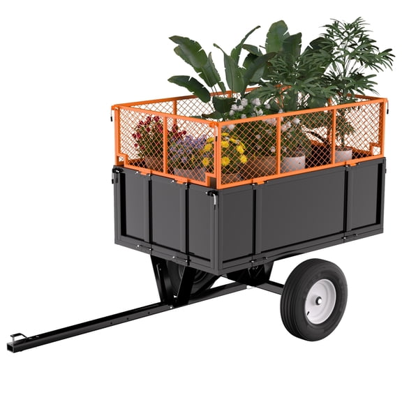 ATV Trailer Dump Cart Pull Behind, 750 LB Capacity, 17 Cu.Ft, Heavy Duty Steel Utility Trailer for Lawn Tractor with Raised Side Rails, Lawn Carts Tow Behind for Garden Yard, Orange