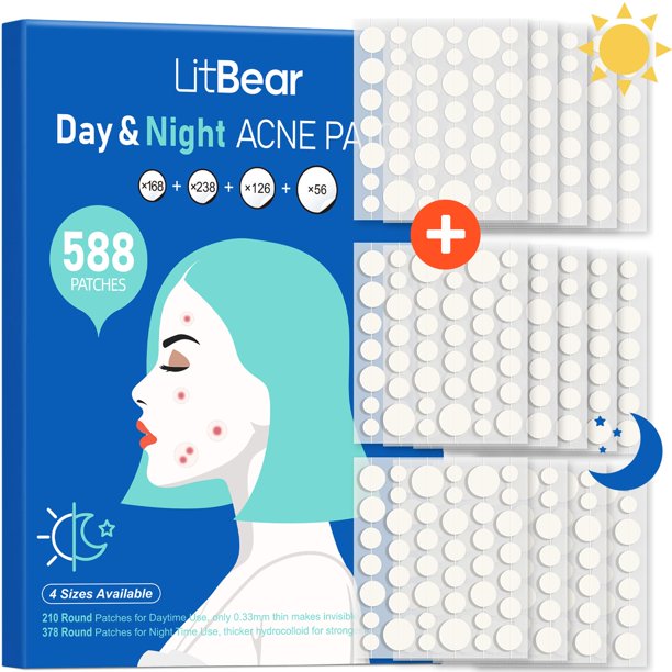 Parches para acné y espinillas LitBear, día y noche, 588 puntos