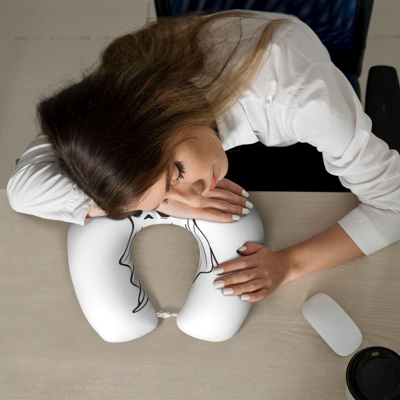 Xecao Cute Ghost Simple Drawing Print Memory Foam Cervical Neck Pillow Versatile U-Shaped Pillows for Home,Office,Camping,Travelling,Soft Washable Cover