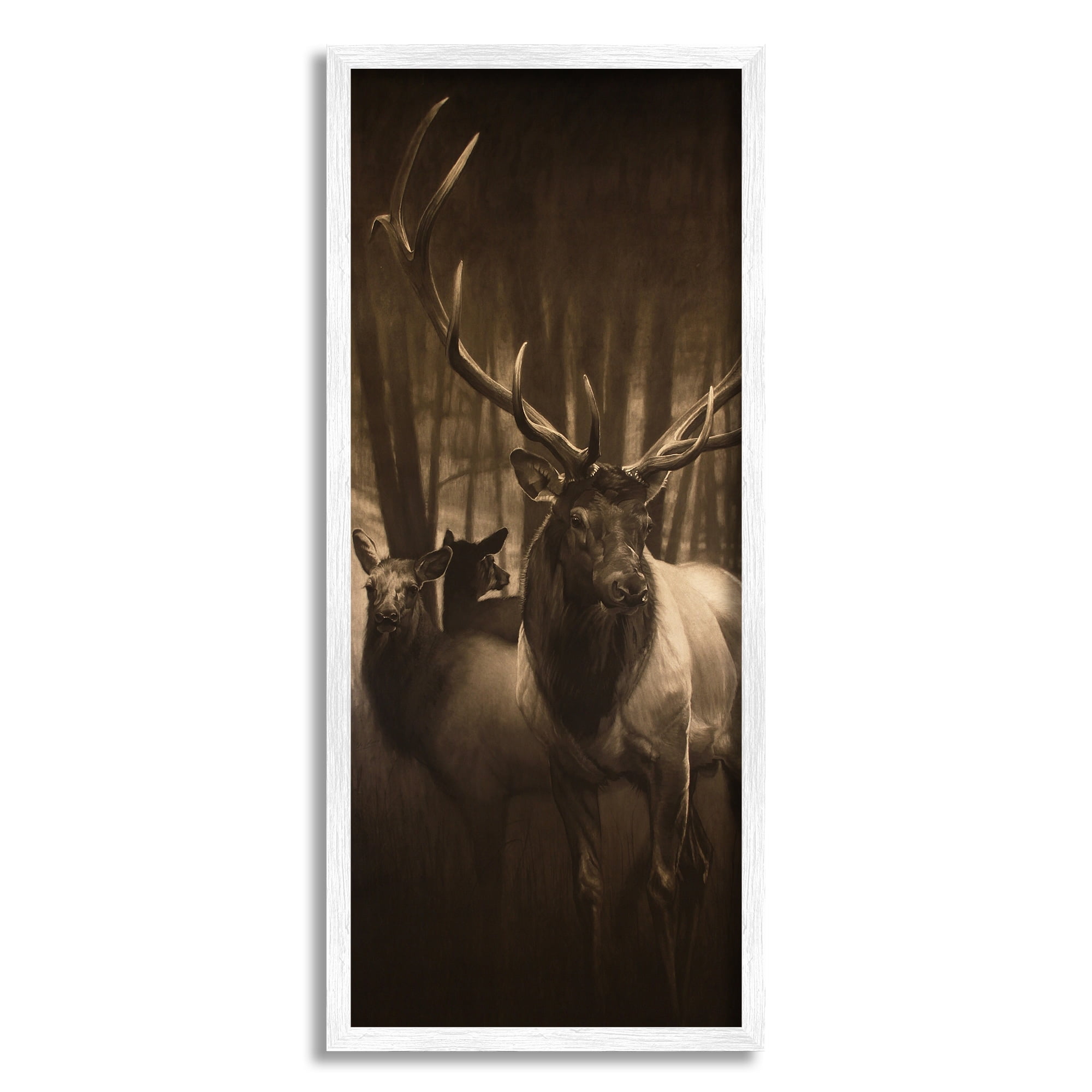 Stupell Industries Strong Buck and Woodland Deer Portrait Realistic Drawing Modern Drawing Black Framed Art Print Wall Art, 10 x 24, Design by Cole Johnson