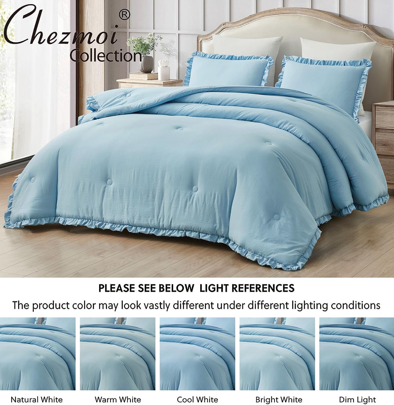 Chezmoi Collection Nora 3-Piece Chambray Blue Ruffled Edge Trim Microfiber Comforter Set, Queen Size