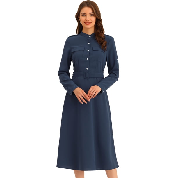 Vestido Elegante Maxi para Mujer 2023 con Botones Frontales Vestido largo con Cinturón Azul marino L