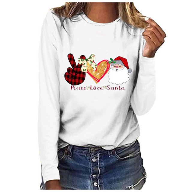 Babysbule Hauts de Noël pour Femmes Joyeux Noël Imprimé Femmes Décontracté Manches Longues Col Rond Chandail en Molleton Chandail Blouse