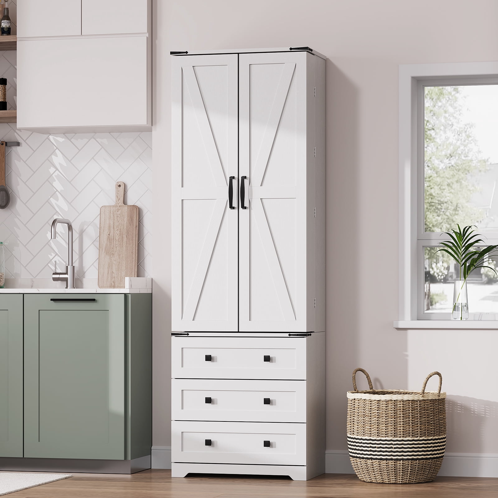 72" Tall Kitchen Pantry Cabinet with 3 Drawers&2 Barn Doors, Farmhouse  Storage Cabinet with Adjustable Shelves for Kitchen, Dining Room and Living Room