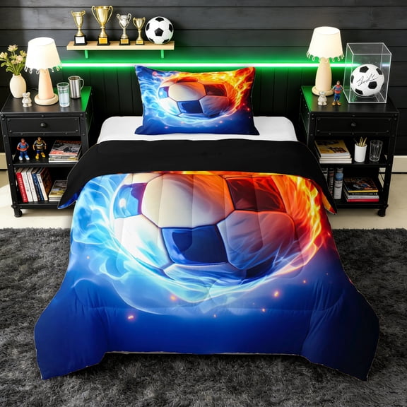 Erosebridal Sport Soccer Flame Twin Comforter Sets 3-Piece for Boys,Ball Gamer Bedding Set for Kids Teens,Black Reversible,Microfiber Bedroom Decor