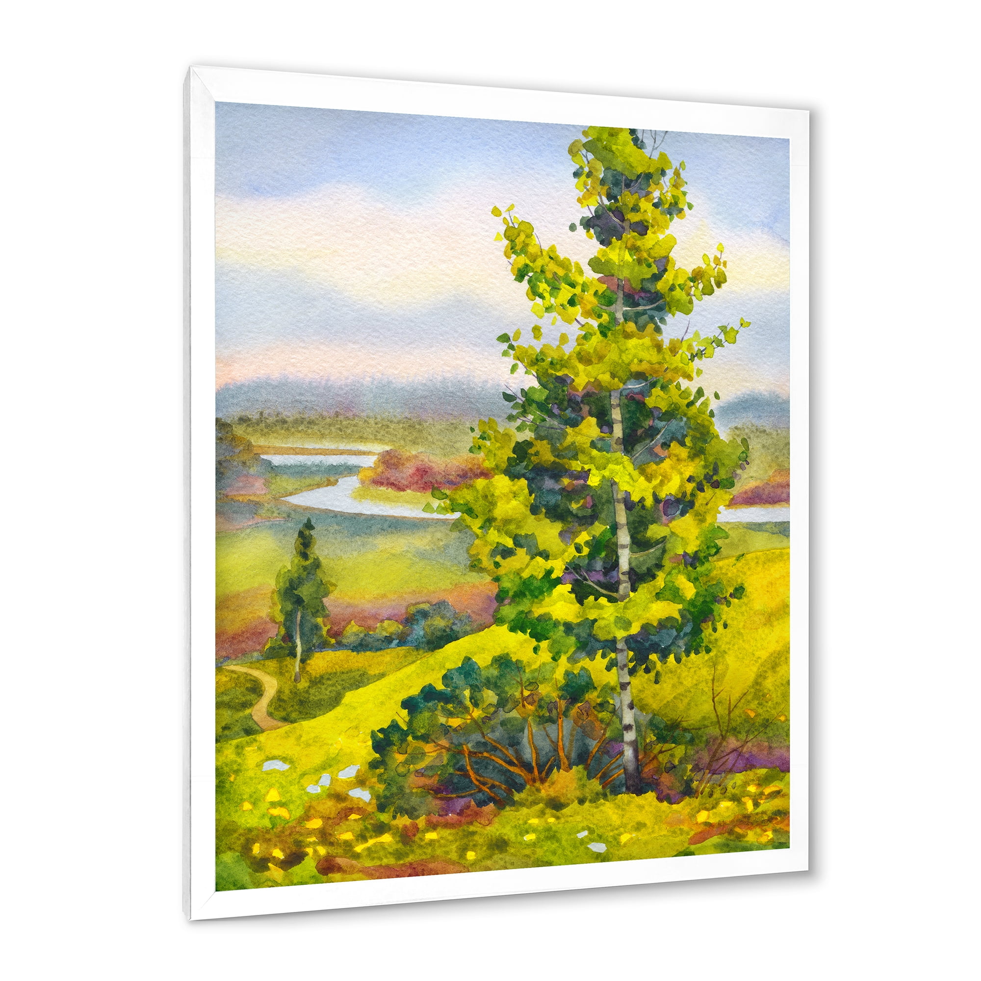 Designart 'Colorful Young Orange Betulas Along Bank Of Calm Bay' Lake House Framed Art Print