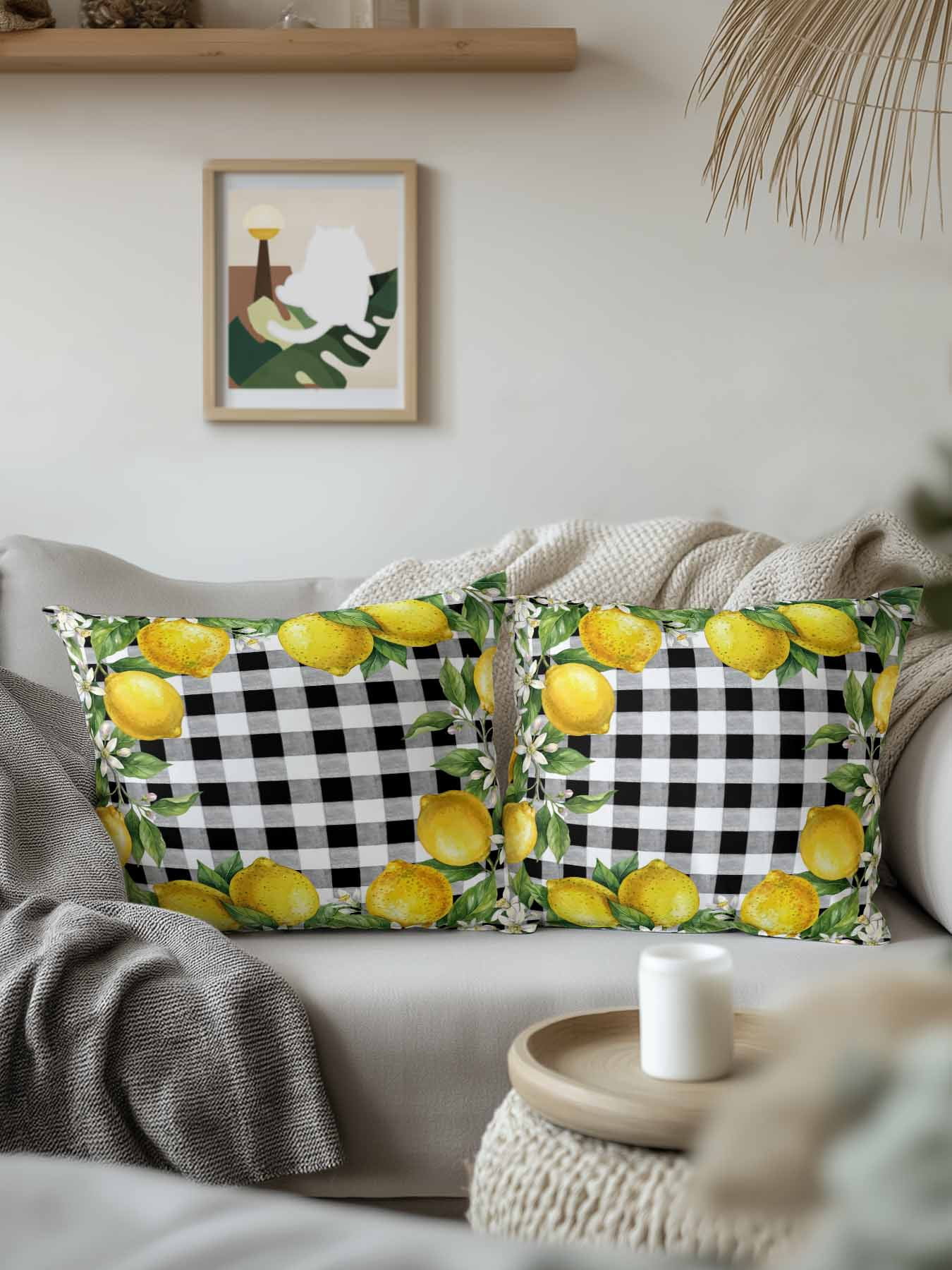 1 Pack Outdoor Pillows Waterproof, Summer Lemons Indoor/Outdoor Throw Pillows with Inserts, Fruits White Flowers Farmhouse Plaid Decorative Pillow for Patio Furniture Chairs Couch