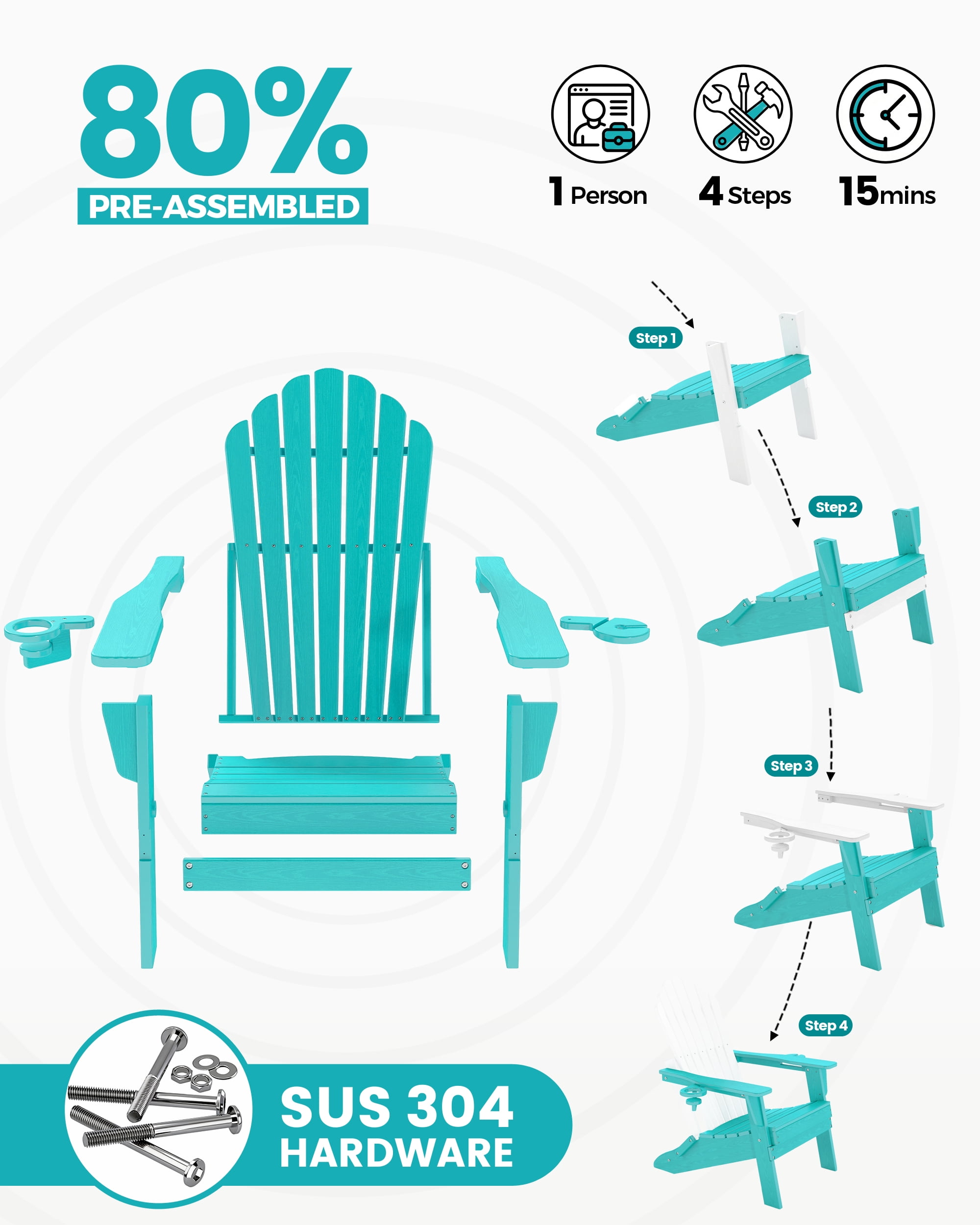 Cobiod Adirondack Chair, Foldable Lawn Chair with Dual Cup Holders, Weather Resistant High Back for Patio, Garden, Beach, Aruba