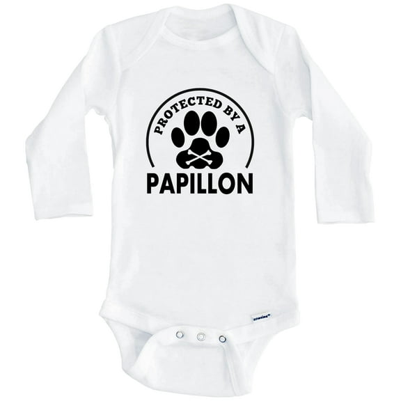 Protected By A Papillon Funny One Piece Baby Bodysuit (Long Sleeve), 0-3 Months White