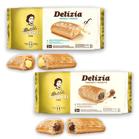 Delizia Pastry Cream by Pasticceria Matilde Vicenzi Hazelnut and Cream Filled Puff Pastry Patisserie Rolls All-Natural Kosher Dairy Made in Italy – 4.41oz (125g) Box 2-Pack Variety Delizia Pastry Cream by Pasticceria Matilde Vicenzi Hazelnut and Cream Filled Puff Pastry Patisserie Rolls All-Natural Kosher Dairy Made in Italy – 4.41oz (125g) Box 2-Pack Variety