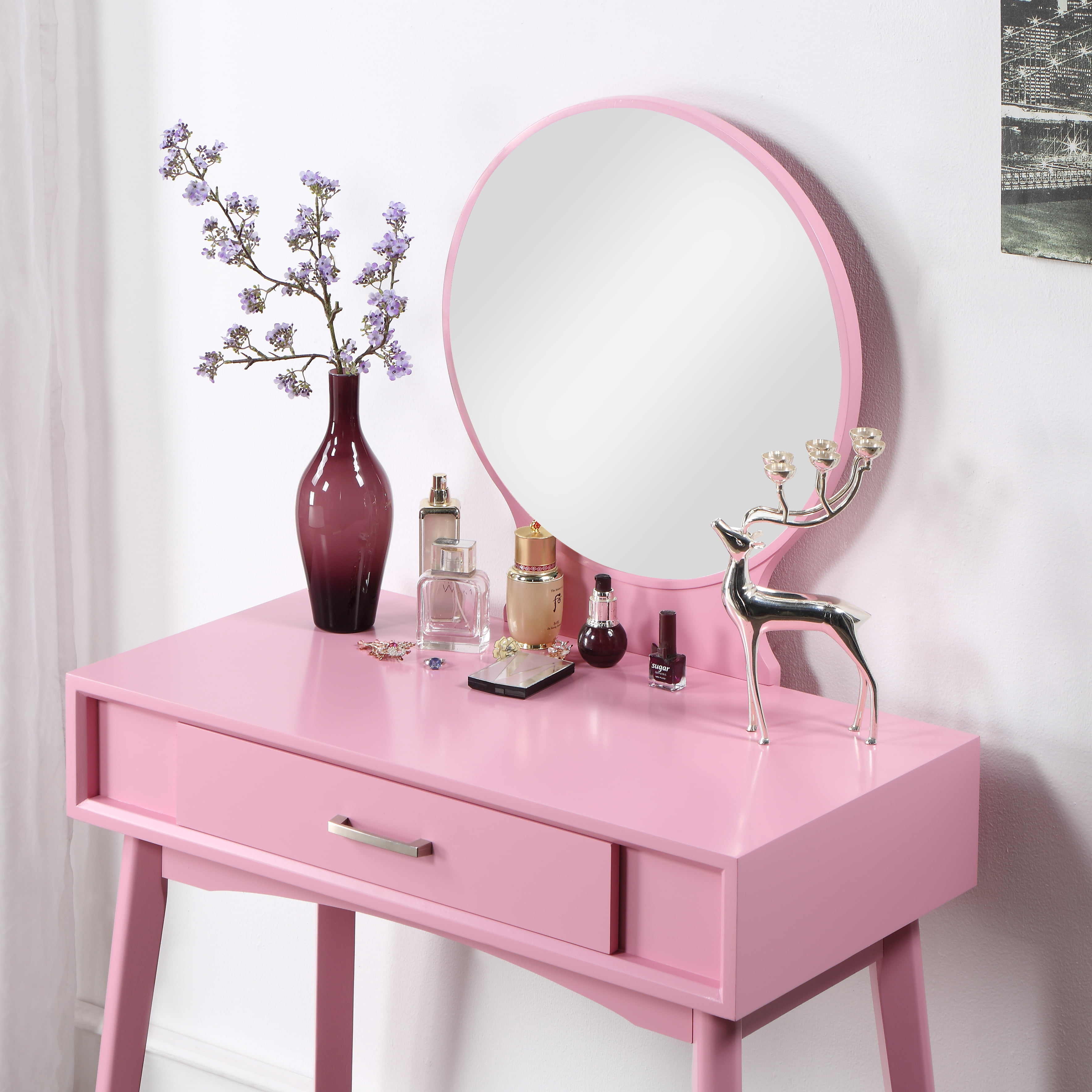 Mintazer Modern Vanity Table Set, Round Mirror Makeup Dressing Table with Drawers & Upholstered Stool for Bedroom, Pink