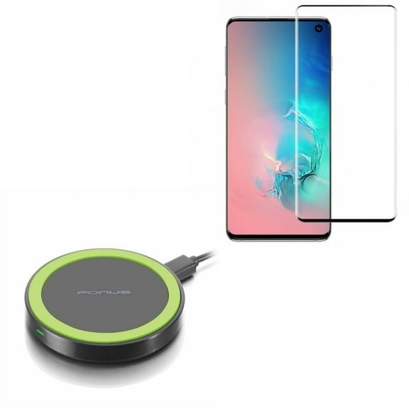 Galaxy S10 Plus  Tempered Glass Screen Protector w Fast Wireless Charger - [Fingerprint Unlock] 3D Curved Edge Full Cover, 7.5W and 10W Charging Pad Slim for Samsung Galaxy S10 Plus