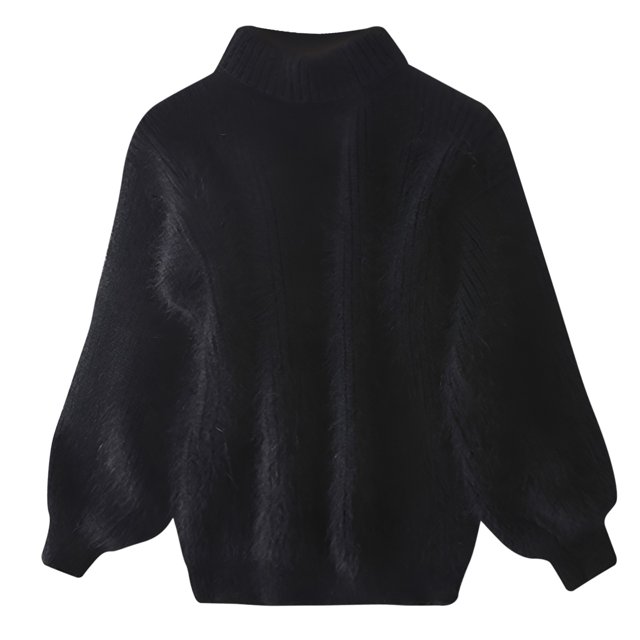 GDREDA Chandail Court à Col Roulé pour Femmes Manches Lanterne Tricoté Côtelé chandail Noir, Taille Unique