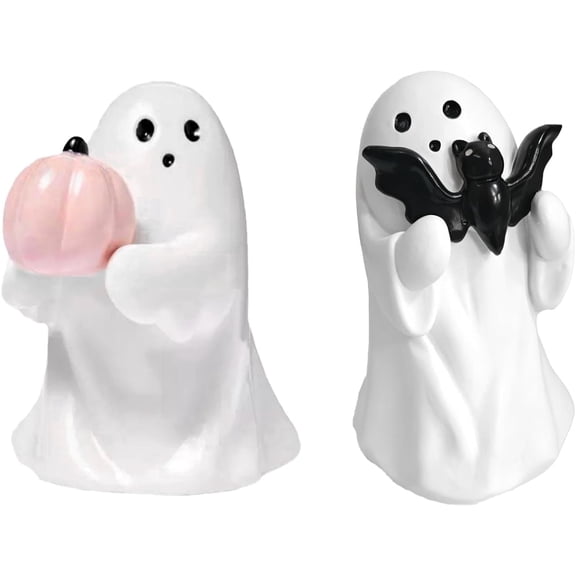 Cute Ghost Halloween Decorative Figurine, Holding Bat Pink Pumpkin Ghost, Resin Halloween Home Standing Ghost Decor Tabletop Decorations