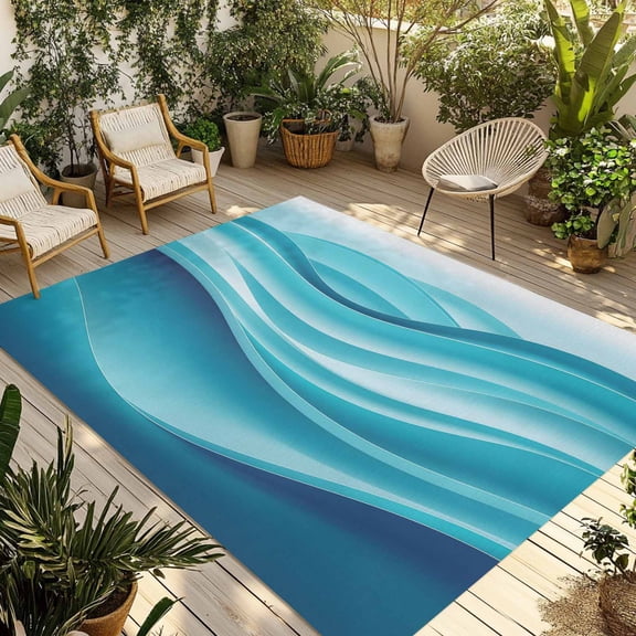 Turquoise Striped Outdoor Rug 5x8 Ft - Reversible Patio Rug Outdoor Camping Rugs, Modern Abstract Art Wave Moire Gradient Indoor Outdoor Area Rugs, Non-Slip Outdoor Carpet Runner for Deck/Porch
