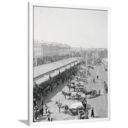 Horse Drawn Wagons and Shoppers at Jewish Market Framed Print Wall Art