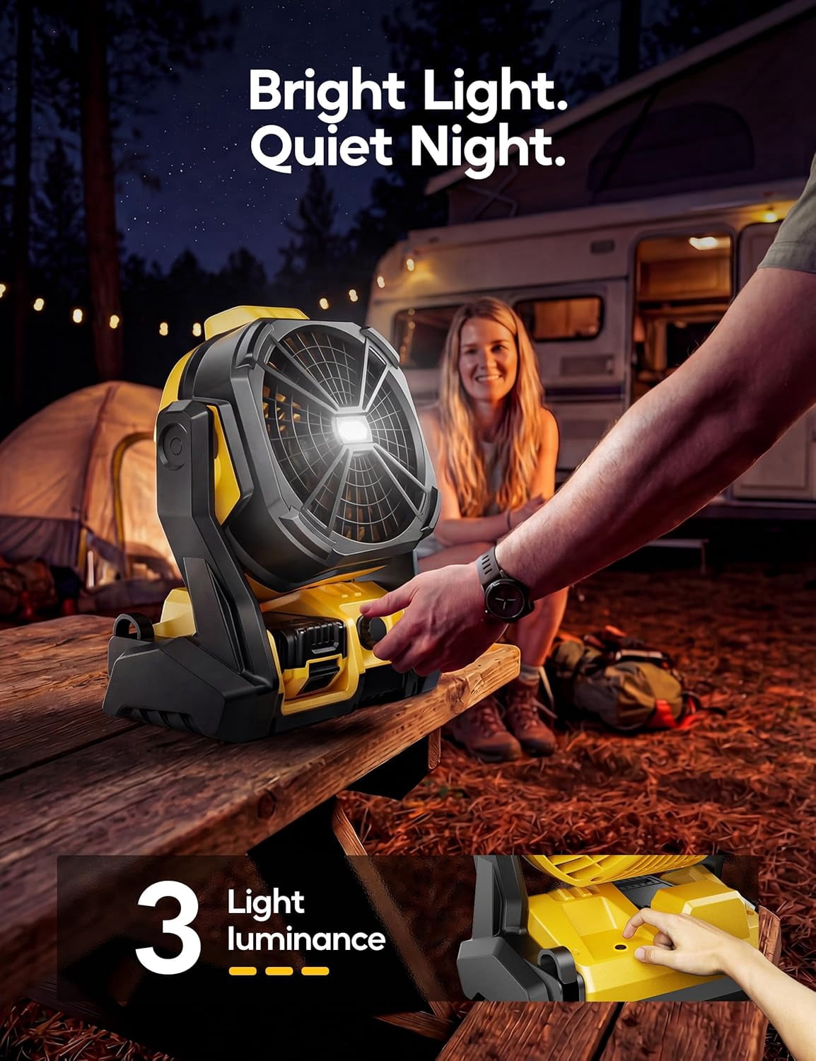 Battery Operated Fan, for DEWALT 20V Max Battery, Camping Fan Cordless, Option for Corded, with LED Lights, Variable Speed, Hook for Hanging, for Jobsite(Battery Not Included)