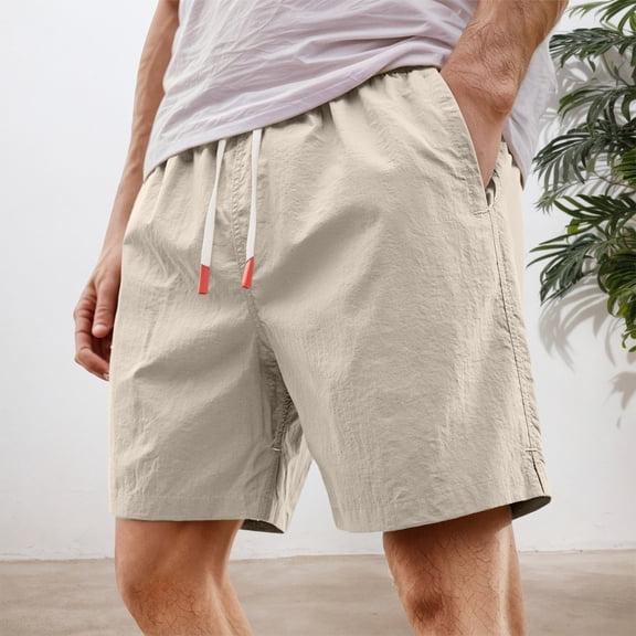 Mens Lightweight Summer Shorts Adjustable Drawstring Elastic Waist Pant Walking Outdoor Beach Casual Trousers Beige L